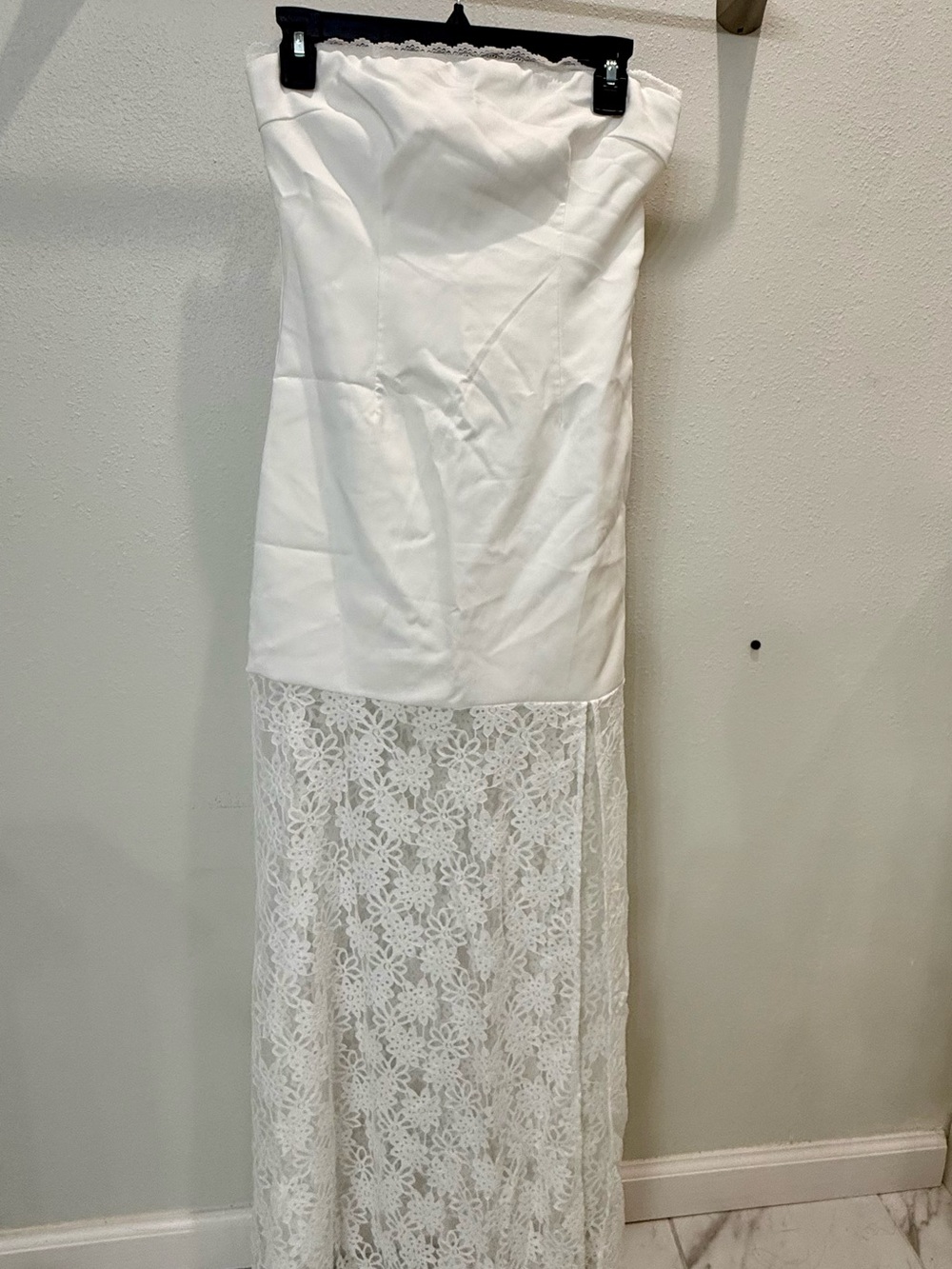 Strapless White Lace-Panel Maxi Dress